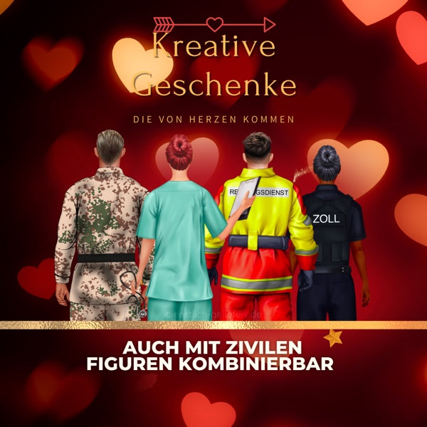 Bild zeigt einen Soldaten, eine Krankenschwester, Rettungsdienst, Zoll und Polizei. Motive zum Personalisieren und Verschenken.
